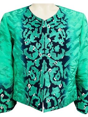 OSCAR DE LA RENTA GREEN / NAVY BLUE EMBROIDERED SATIN JACKET